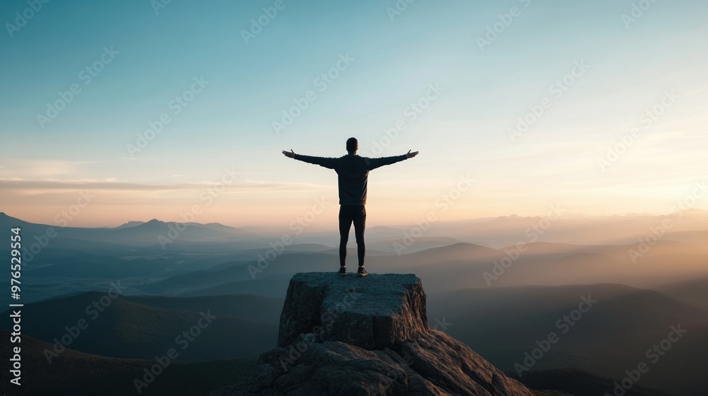 A person stands on a rocky peak, arms outstretched, embracing the breathtaking beauty of nature at sunset. A person stands on a rocky peak, arms outstretched, embracing the breathtaking beauty of nature at sunset.