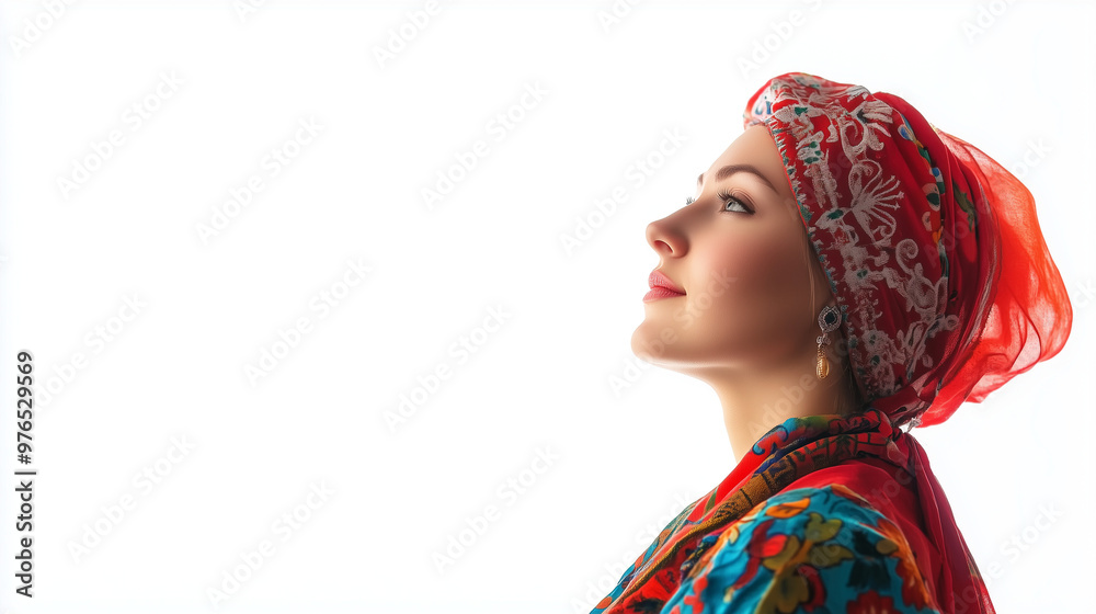 Profile of a young woman in traditional attire with a colorful headscarf against a white background. Profile of a young woman in traditional attire with a colorful headscarf against a white background.