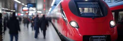 A striking red train is stationed, surrounded by a crowd of people in a bustling contemporary station, highlighting travel and urban motion. Reflects modern transportation.