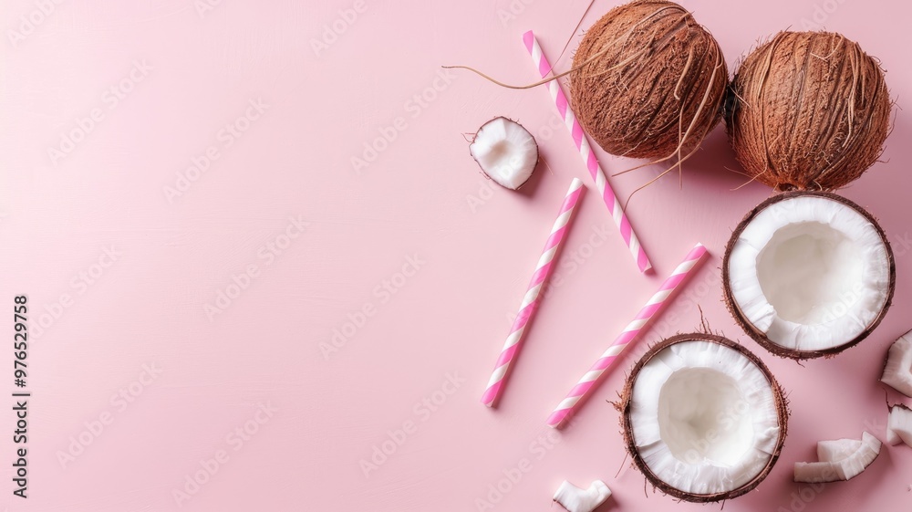 Fresh coconuts, broken and whole, with pink straws on pastel background Fresh coconuts, broken and whole, with pink straws on pastel background