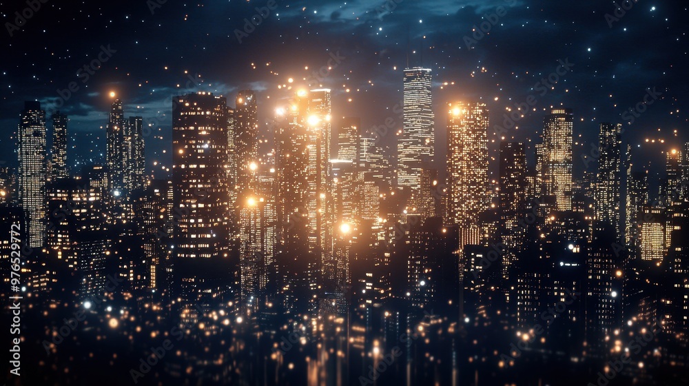 Fototapeta premium Night Cityscape with Skyscrapers and Starry Sky