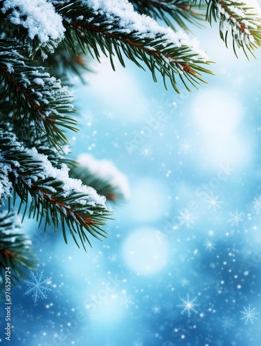 A snowy pine branch gracefully arches over a festive background of blue and white, evoking a sense of winter magic, tranquility, and the joy of the holiday season.