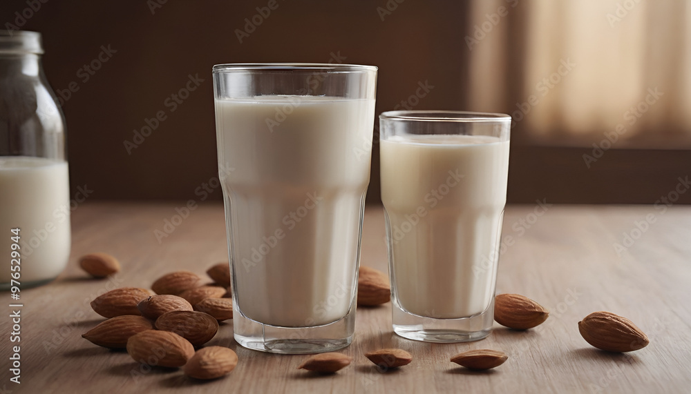 glass of almond milk on a table glass of almond milk on a table