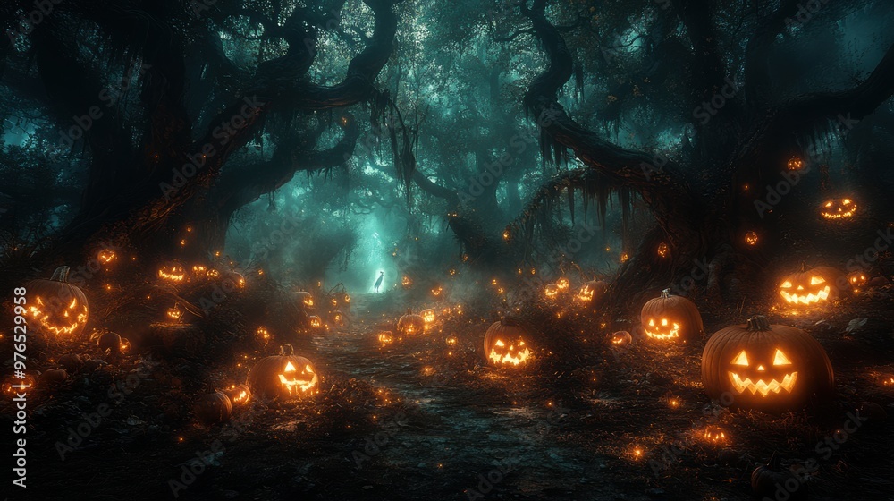 Enchanted Halloween Tale: Ghostly Figure in Haunted Forest Clearing with Glowing Pumpkins Enchanted Halloween Tale: Ghostly Figure in Haunted Forest Clearing with Glowing Pumpkins