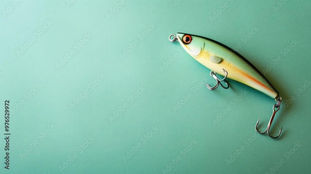 Green and yellow fishing lure with hooks on light blue background Green and yellow fishing lure with hooks on light blue background