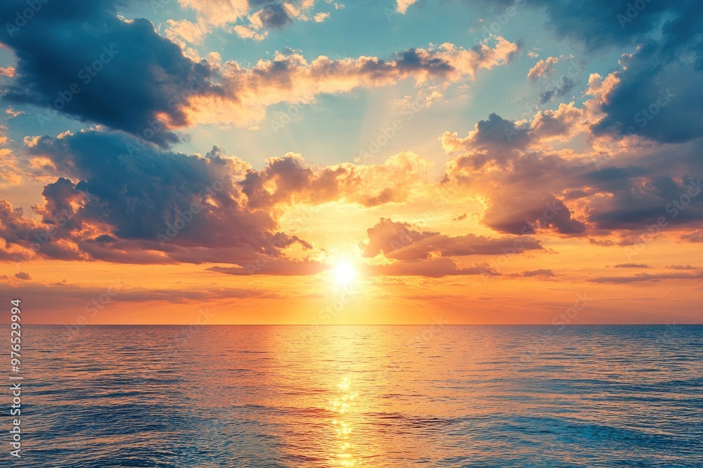 Obraz premium Horizon Sea Sky Background, Sunset sky clouds over sea in the evening with Orange, Yellow sunlight Golden hour in Summer landscape, Dusk sky seascape backgrounds , ai