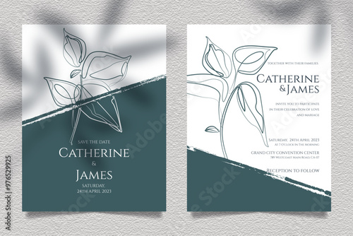 Minimalist wedding invitation with line art flower silhouette and save the date text template. An Elegant invitation card design, simple and luxurious. Vector Illustration.