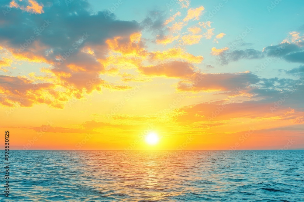 Obraz premium Horizon Sea Sky Background, Sunset sky clouds over sea in the evening with Orange, Yellow sunlight Golden hour in Summer landscape, Dusk sky seascape backgrounds , ai