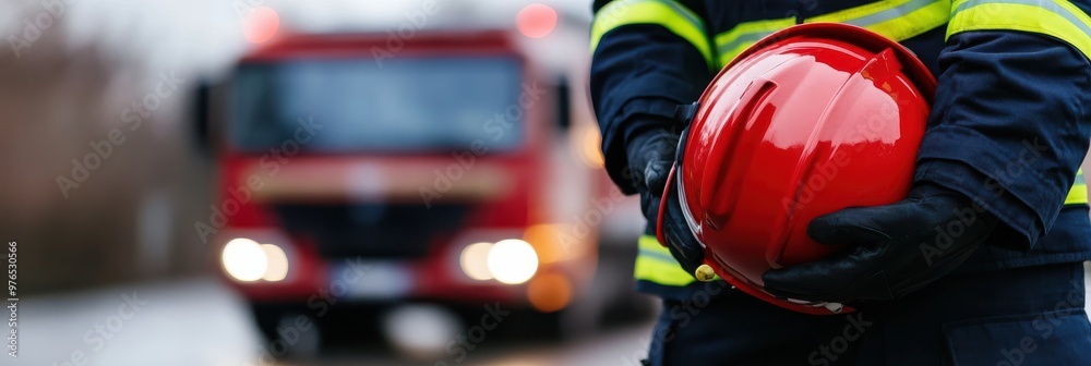 A firefighter in uniform is holding a red helmet, standing in front of a fire truck, ready to respond to emergencies, showcasing bravery and readiness to protect. A firefighter in uniform is holding a red helmet, standing in front of a fire truck, ready to respond to emergencies, showcasing bravery and readiness to protect.