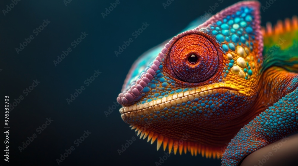 A stunning close-up of a chameleon showcasing its vibrant colors and intricate scales. This captivating image highlights the reptile's unique ability to blend seamlessly into its surroundings, making A stunning close-up of a chameleon showcasing its vibrant colors and intricate scales. This captivating image highlights the reptile's unique ability to blend seamlessly into its surroundings, making