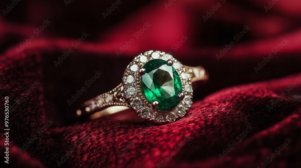 A stunning emerald engagement ring, set in gold and surrounded by sparkling diamonds, rests on a plush velvet backdrop. The ring symbolizes love, commitment, luxury, elegance, and timeless beauty.