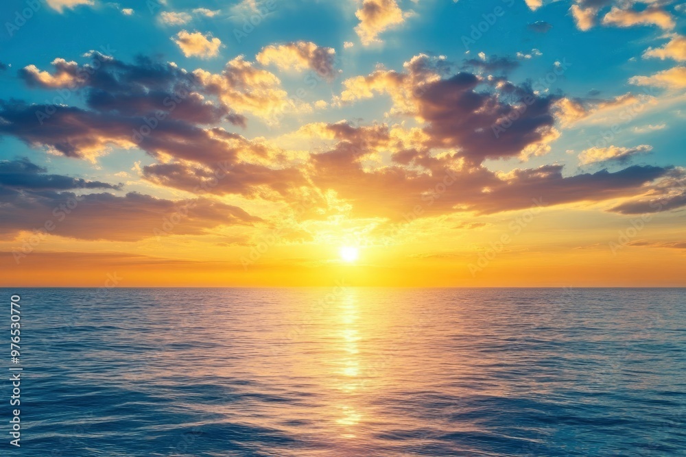 Fototapeta premium Horizon Sea Sky Background, Sunset sky clouds over sea in the evening with Orange, Yellow sunlight Golden hour in Summer landscape, Dusk sky seascape backgrounds , ai