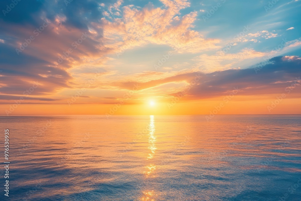 Fototapeta premium Horizon Sea Sky Background, Sunset sky clouds over sea in the evening with Orange, Yellow sunlight Golden hour in Summer landscape, Dusk sky seascape backgrounds , ai