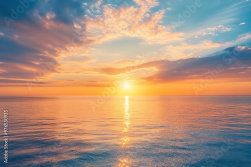 Horizon Sea Sky Background, Sunset sky clouds over sea in the evening with Orange, Yellow sunlight Golden hour in Summer landscape, Dusk sky seascape backgrounds , ai