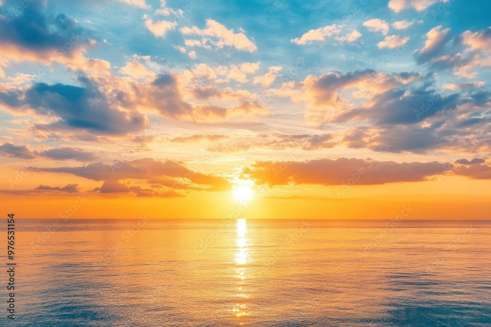 Fototapeta premium Horizon Sea Sky Background, Sunset sky clouds over sea in the evening with Orange, Yellow sunlight Golden hour in Summer landscape, Dusk sky seascape backgrounds , ai