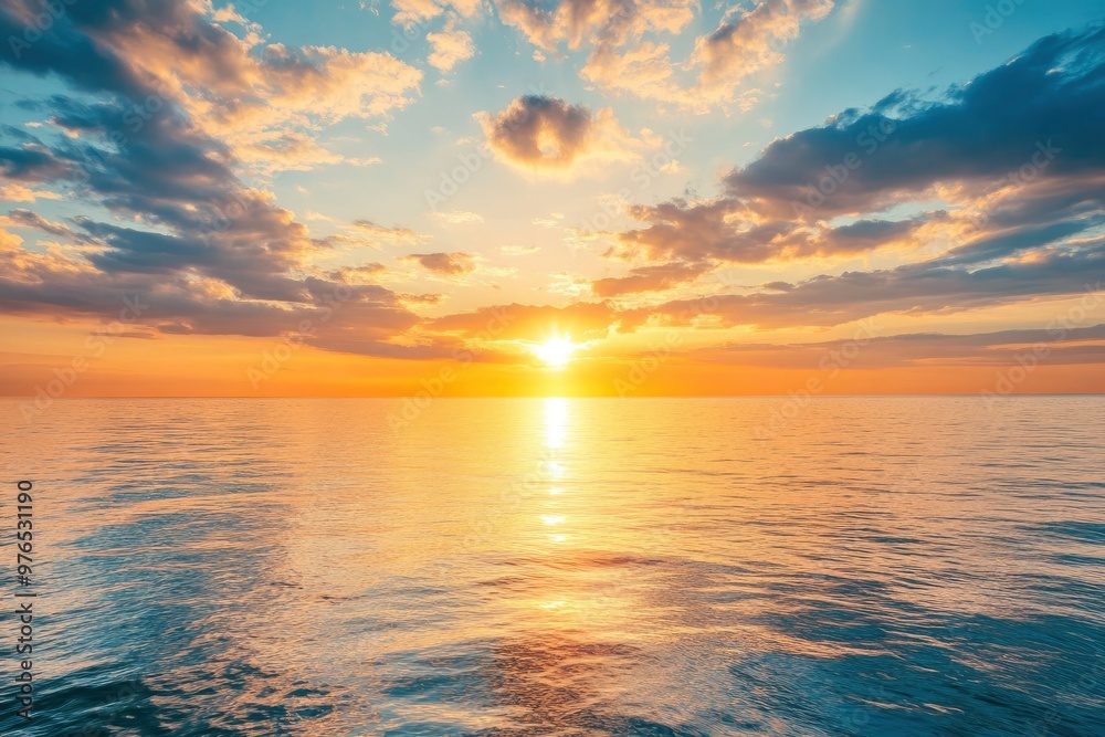 Fototapeta premium Horizon Sea Sky Background, Sunset sky clouds over sea in the evening with Orange, Yellow sunlight Golden hour in Summer landscape, Dusk sky seascape backgrounds , ai