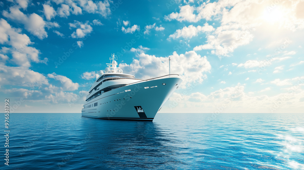 A luxurious white yacht floating on a calm blue sea under a bright, sunny sky with scattered clouds.