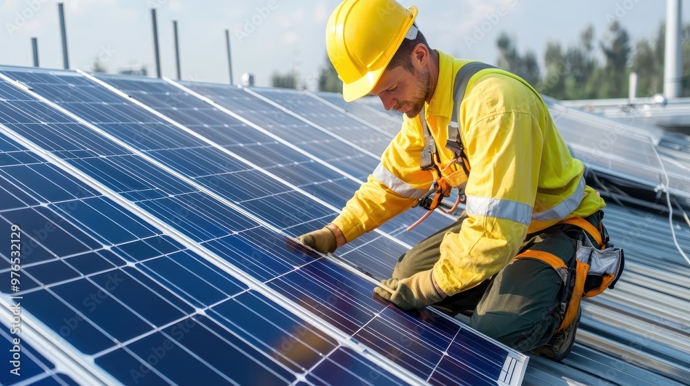 Solar Panel Installation Worker on Rooftop Solar Panel Installation Worker on Rooftop