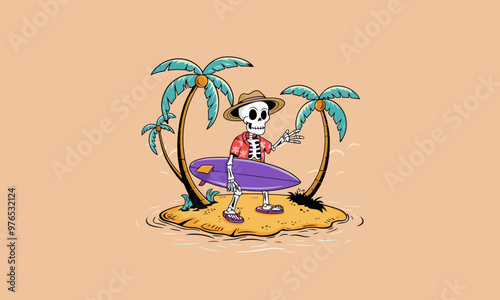 Skeleton surfer in Hawaiian shirt with surfboard on a tropical beach
