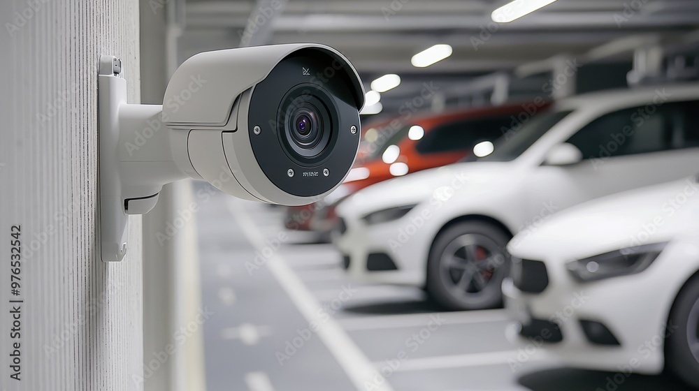 Security Camera Mounted on Wall in Parking Garage Security Camera Mounted on Wall in Parking Garage