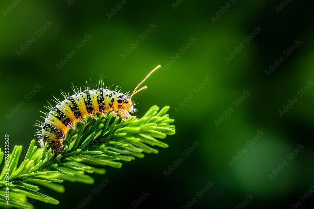 A vibrant caterpillar crawls along a green branch, showcasing the beauty of nature's intricate details. The caterpillar's patterned body and the branch's delicate texture create a visually appealing c A vibrant caterpillar crawls along a green branch, showcasing the beauty of nature's intricate details. The caterpillar's patterned body and the branch's delicate texture create a visually appealing c