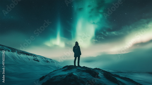 A lone figure stands atop a snowy hill, gazing at the breathtaking northern lights illuminating the night sky with vibrant greens and blues.