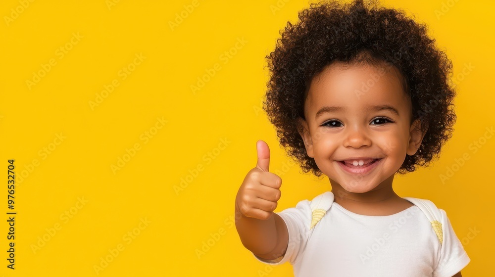 Happy African American Child Giving Thumbs Up on Yellow Background Happy African American Child Giving Thumbs Up on Yellow Background