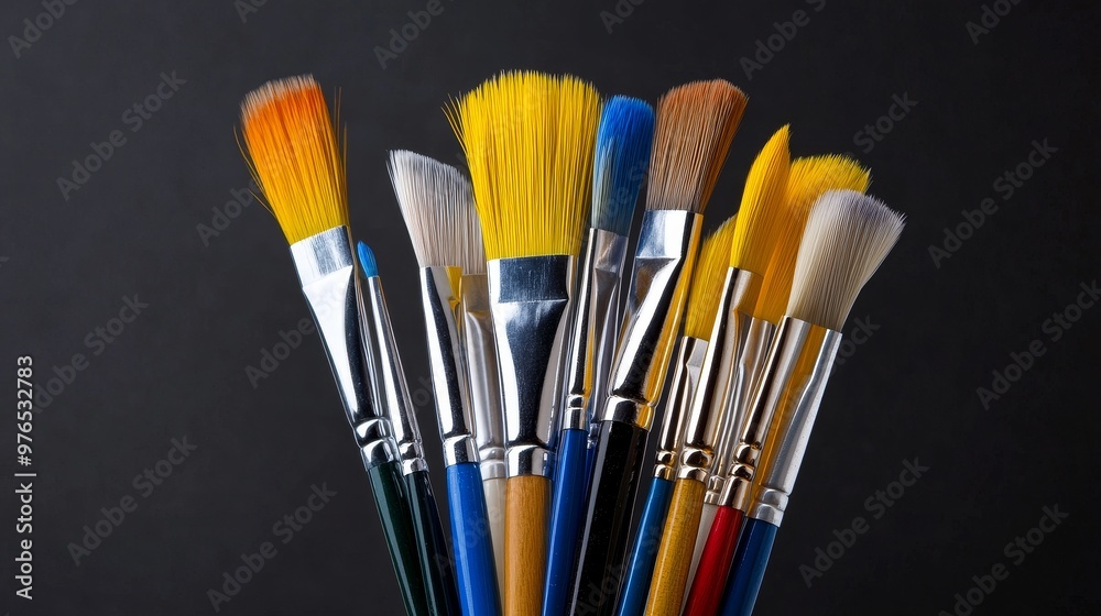 Fototapeta premium A vibrant collection of paintbrushes, showcasing various colors and sizes, ready to unleash your artistic creativity.