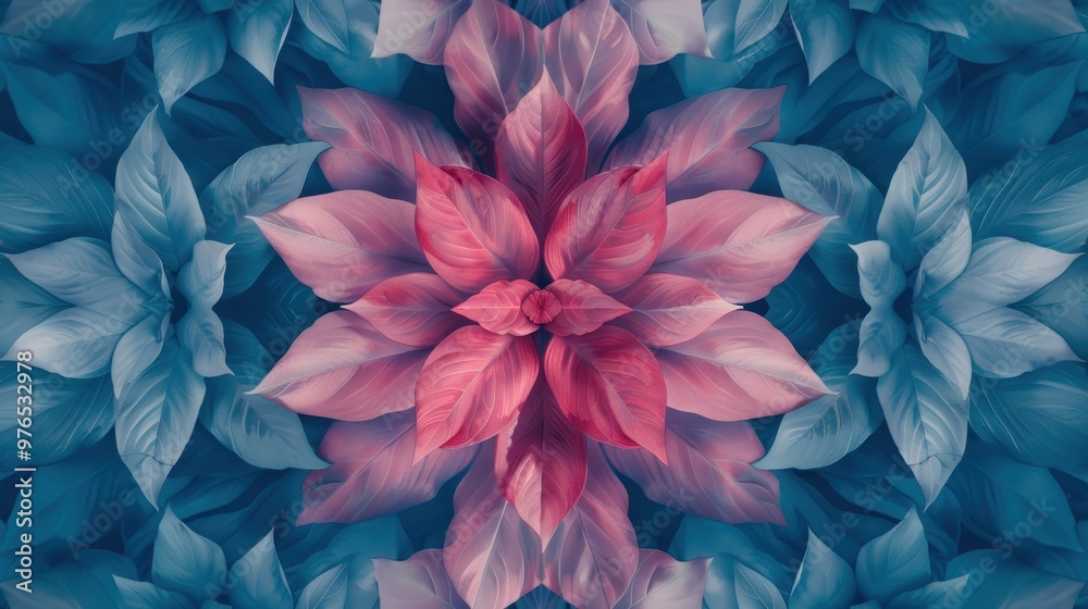 Obraz premium Symmetrical Floral Design, a vibrant and intricate pattern featuring an array of blooming flowers arranged in perfect symmetry, ideal for enhancing interior spaces with elegance.