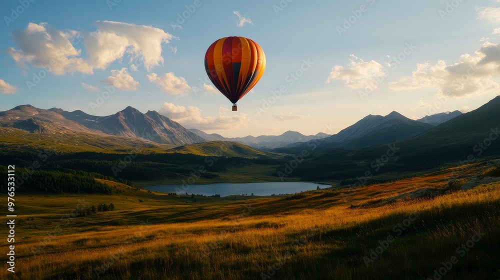 Obraz premium A vibrant hot air balloon gracefully glides over a stunning mountain landscape, showcasing the beauty of nature and adventure. This image captures the thrill of hot air ballooning and the breathtaking