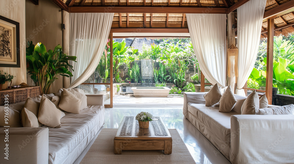 Fototapeta premium A lush and inviting living room with white sofas and flowing curtains opens into a garden with tropical greenery and a serene water feature.
