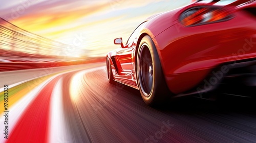 Red Sports Car Racing on a Track at Sunset