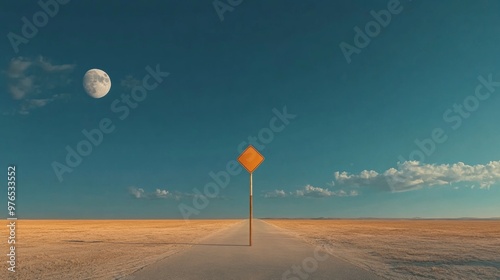 Minimalist Road Sign Pointing to Moon Against Desert Night Sky - Surreal Travel and Adventure Concept photo