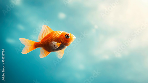 A vibrant goldfish swimming gracefully in clear blue water, showcasing its bright colors and peaceful aquatic environment.