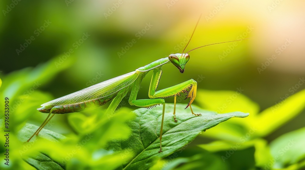 A green praying mantis is standing on a leafy green plant. The insect is surrounded by green leaves and is the main focus of the image A green praying mantis is standing on a leafy green plant. The insect is surrounded by green leaves and is the main focus of the image