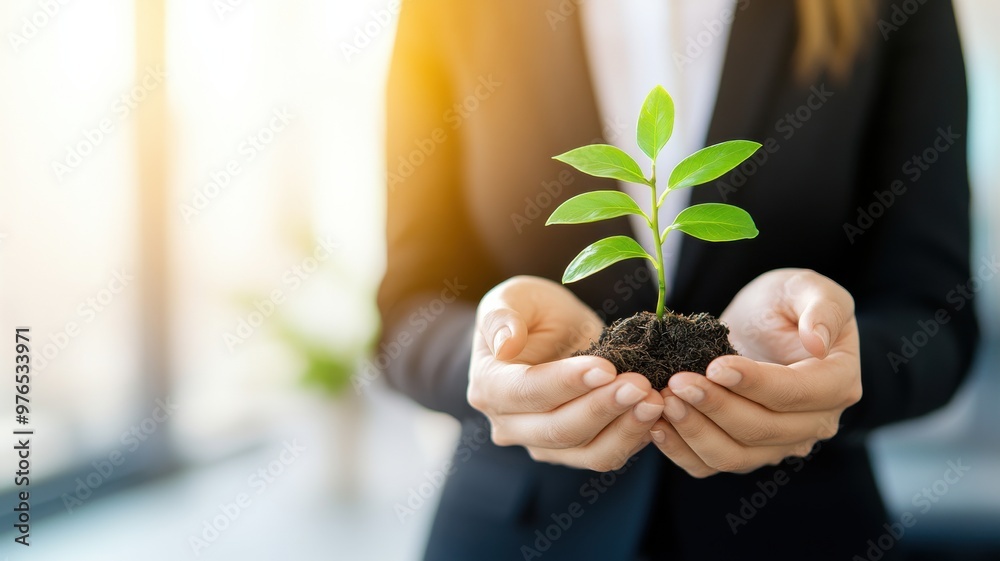 A business professional holding a small plant, symbolizing growth and sustainability in an office environment. A business professional holding a small plant, symbolizing growth and sustainability in an office environment.
