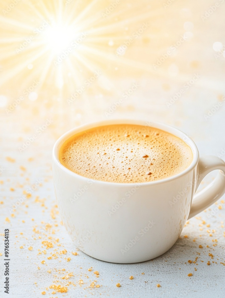 Fototapeta premium Minimalist of a Steaming Cup of Coffee with Sunburst Steam on Pale Yellow Background