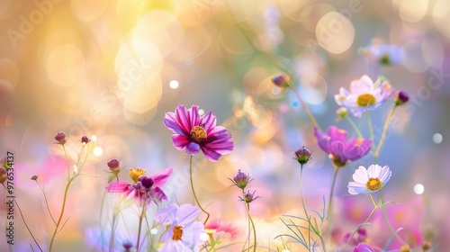 Wildflower Serenity, a vibrant meadow filled with colorful blooms, softly blurred backgrounds create an enchanting atmosphere of peace and natural beauty, perfect for serene spaces.