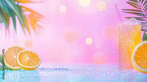 Refreshing Summer Cocktail with Lemon and Ice on Pink Background photo