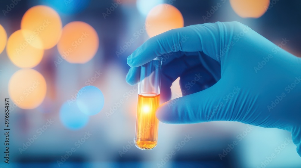A close-up of a hand in a blue glove holding a glowing test tube filled with a yellow liquid, showcasing laboratory research. A close-up of a hand in a blue glove holding a glowing test tube filled with a yellow liquid, showcasing laboratory research.