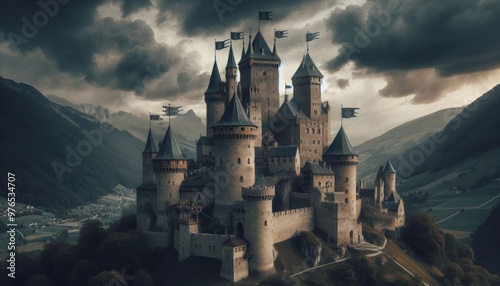 A towering medieval castle perched on a hill, with stone walls, turrets, and banners flying, set against a moody, overcast sky, detailed and atmospheric photo