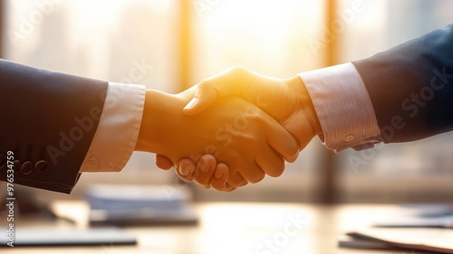 A close-up of two businessmen shaking hands in a bright office, symbolizing agreement and partnership.