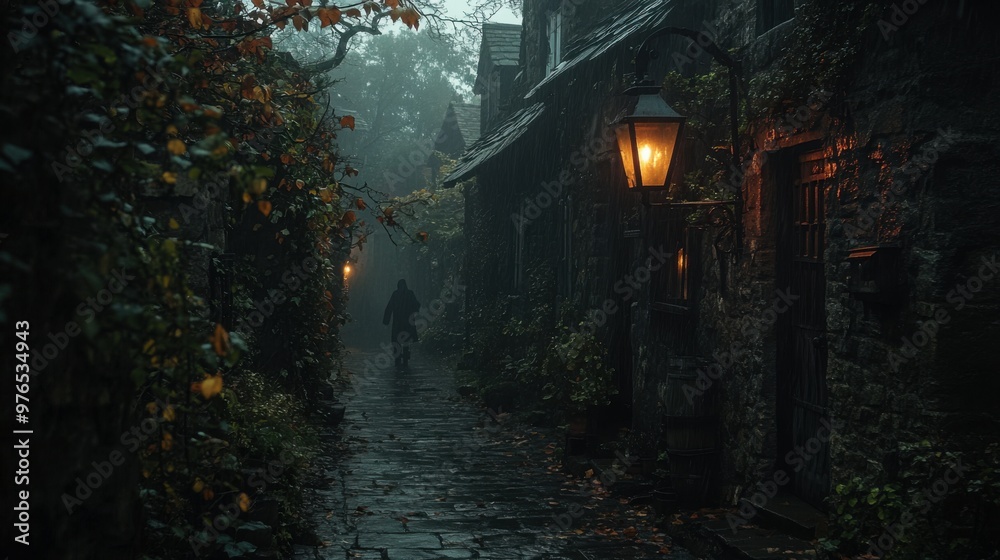 Eerie Halloween Night in Old Village: Ghostly Figure in Creepy Alley with Flickering Lantern and Ivy-Covered Walls Eerie Halloween Night in Old Village: Ghostly Figure in Creepy Alley with Flickering Lantern and Ivy-Covered Walls