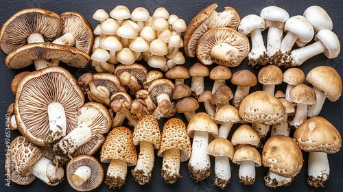 Fresh Edible Wild Mushrooms Collection on Black Background