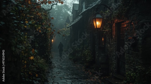 Eerie Halloween Night in Old Village: Ghostly Figure in Creepy Alley with Flickering Lantern and Ivy-Covered Walls