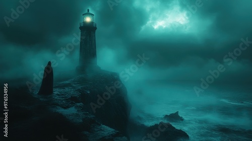 Eerie Haunted Lighthouse: Ghostly Figure at Cliff's Edge under Night Sky