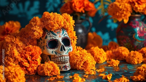 a traditional Day of the Dead celebration featuring lush marigold garlands and decorations. photo