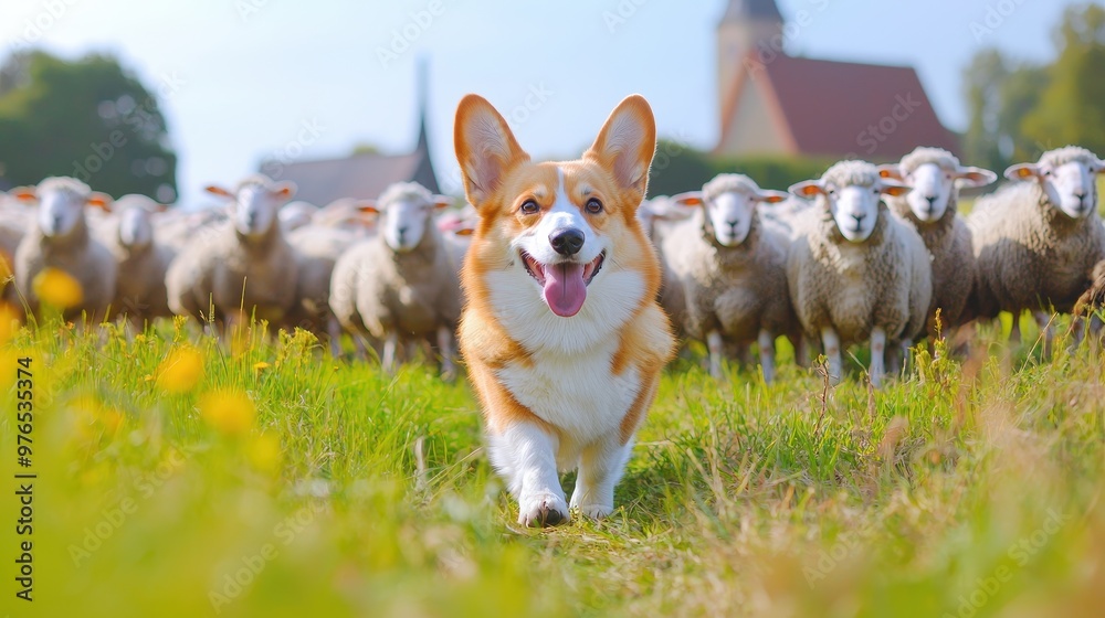 Happy Pembroke Welsh Corgi Dog Walking Through Sheep Field Happy Pembroke Welsh Corgi Dog Walking Through Sheep Field
