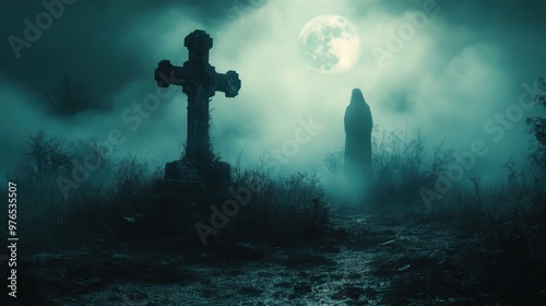 Ghostly Encounter in Foggy Graveyard - Eerie Scene with Transparent Apparition and Moonlit Tombstone in Mysterious Atmosphere