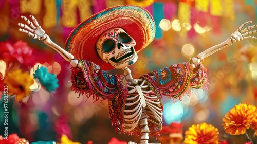 a playful Day of the Dead skeleton dancing amid vibrant festival decorations. photo